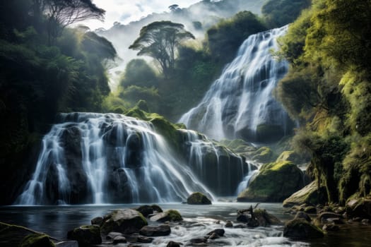 Cascading waterfall with mist. Generative AI