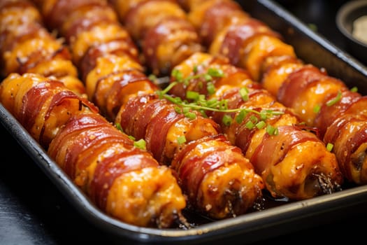 Close up of bacon wrapped tater tots. Generative AI
