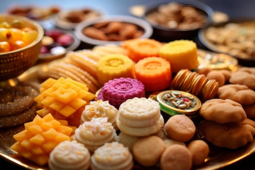 Colorful and abundant platter of diverse foods. Generative AI