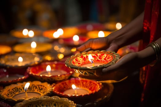 Person holding a plate with a lit candle. Generative AI