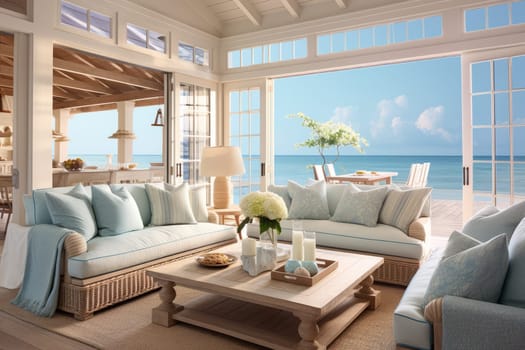 Living room filled with furniture and a view of the ocean. Generative AI