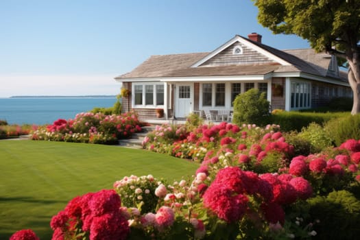 Coastal Charm: Beach House Among Flowers. Generative AI