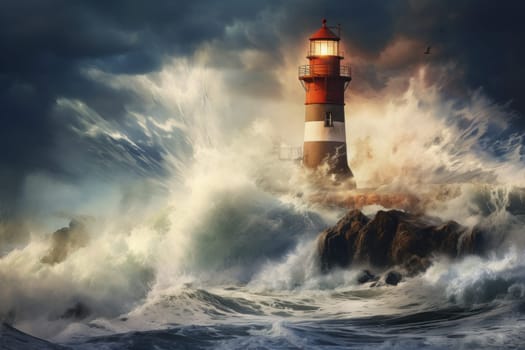 Coastal Lighthouse Against Crashing Waves. Generative AI