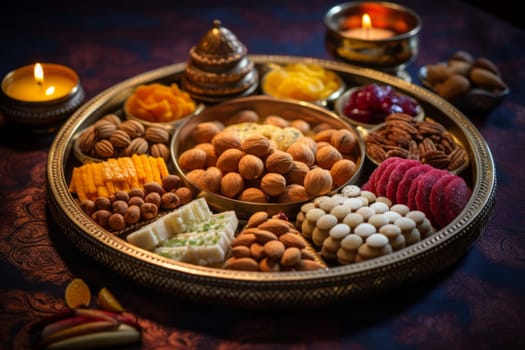 Platter filled with different types of Indian food. Generative AI