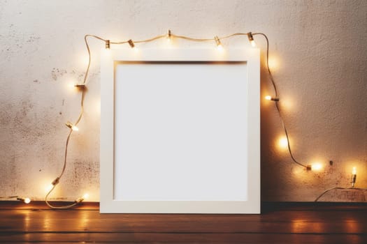 White picture frame on a wooden floor. Generative AI