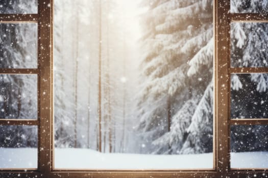 Snowy forest seen through an open window. Generative AI
