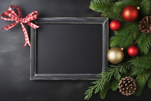 Blackboard with a bow and christmas decorations. Generative AI