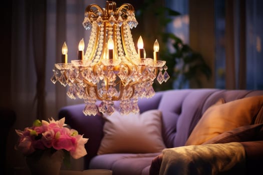 Chandelier hanging from a ceiling in a living room. Generative AI
