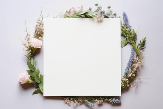 White sheet of paper surrounded by flowers. Generative AI