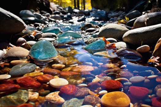 Stream flowing over colorful pebbles in a forest. Generative AI