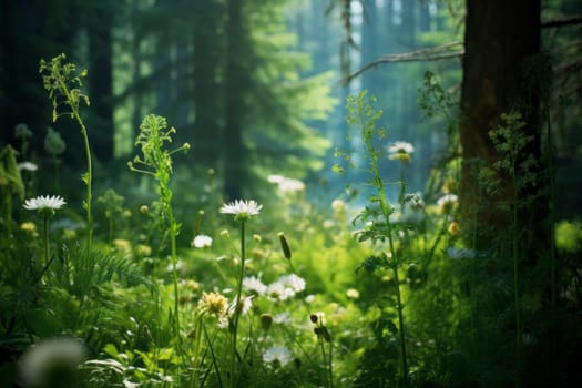 Delicate Wildflowers in Verdant Forest. Generative AI