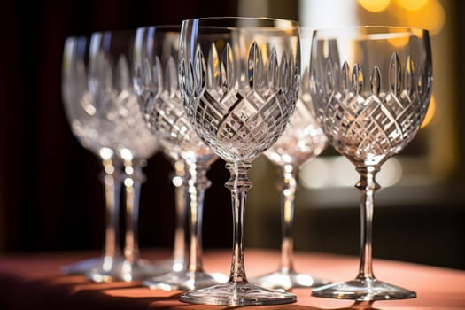 Row of wine glasses on a table. Generative AI
