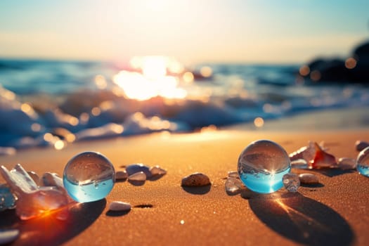 Collection of colorful glass balls on a sandy beach. Generative AI