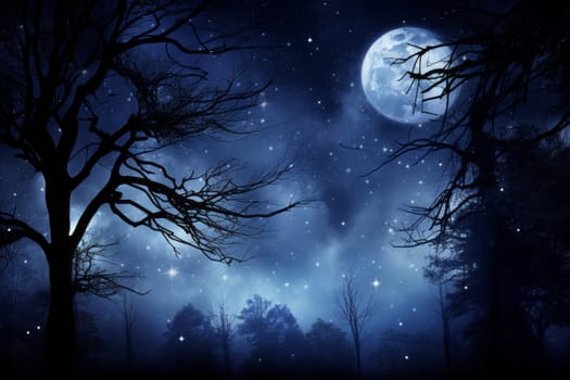 Moonlit Night with Silhouetted Trees. Generative AI