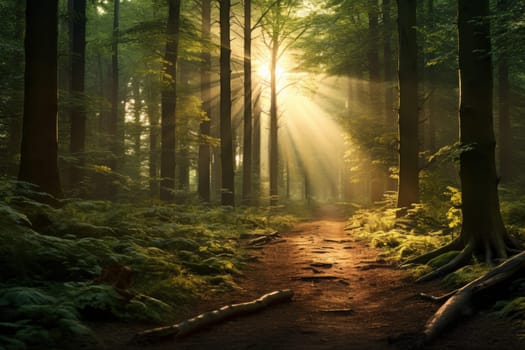 Sunlit Forest with Piercing Sunlight. Generative AI
