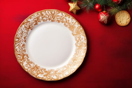White and gold plate on a vibrant red table. Generative AI