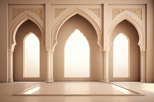 Empty room with arches and windows. Generative AI