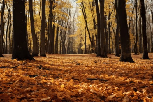Dense Forest Carpeted with Fallen Leaves. Generative AI