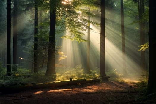 Ethereal Forest with Sunlight Celestial Glow. Generative AI