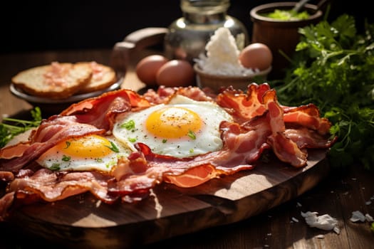 Delicious bacon and eggs breakfast. Generative AI