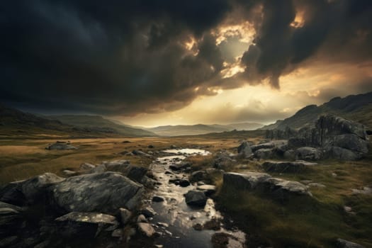 Stream running through a lush green valley under a cloudy sky. Generative AI