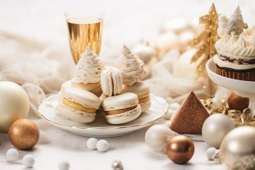 Elegant gold and white holiday dessert flatlay. Generative AI