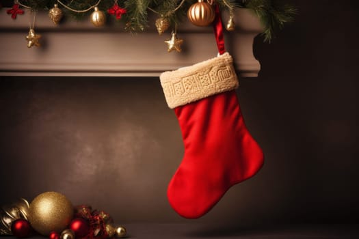Red christmas stocking hanging from a mantel. Generative AI