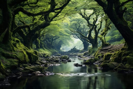 Enchanted Forest with Winding Stream. Generative AI
