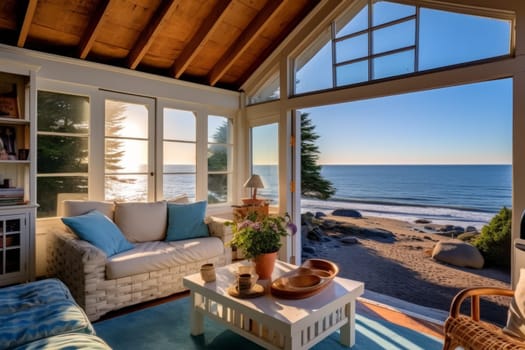 Living room with a view of the ocean. Generative AI