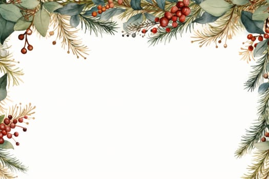 Watercolor christmas frame with holly and berries. Generative AI