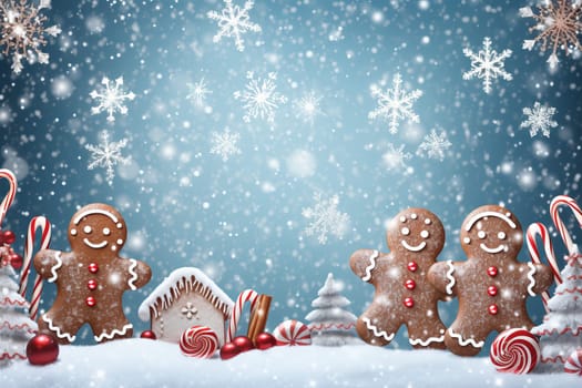 Christmas scene with gingerbreads and candy canes. Generative AI