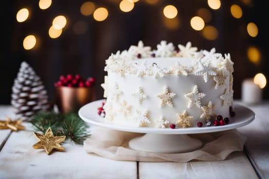 White frosted cake sitting on top of a white plate. Generative AI