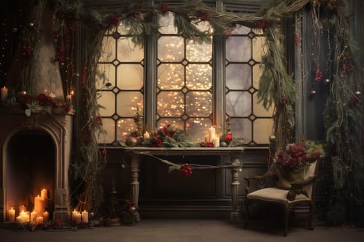 Room with a fireplace, a chair and a christmas tree. Generative AI