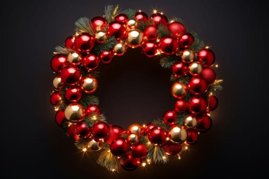 Christmas holiday wreath with lights and ornaments. Generative AI