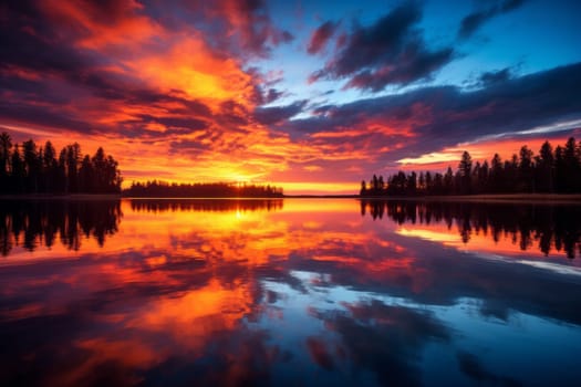 Sunset over a lake with trees in the background. Generative AI