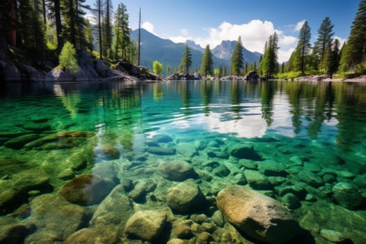 Lake with clear water surrounded by trees. Generative AI