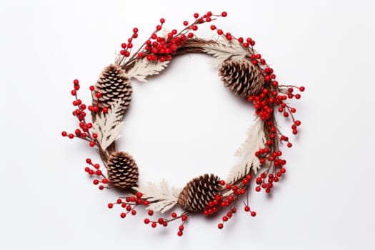 Christmas holiday wreath with red berries and pinecones. Generative AI