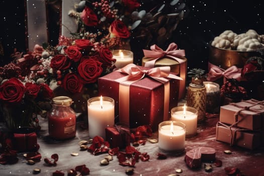 Festive holiday flatlay with ornaments, candles. Generative AI