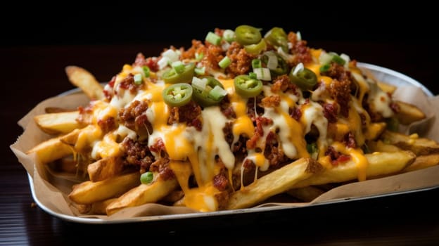 Greasy and indulgent loaded cheese fries. Generative AI