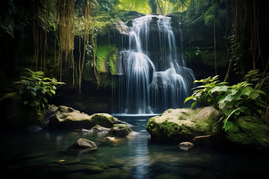 Majestic waterfall framed by lush foliage. Generative AI