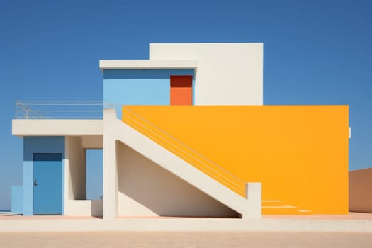 A yellow and blue building with a stair case. Generative AI