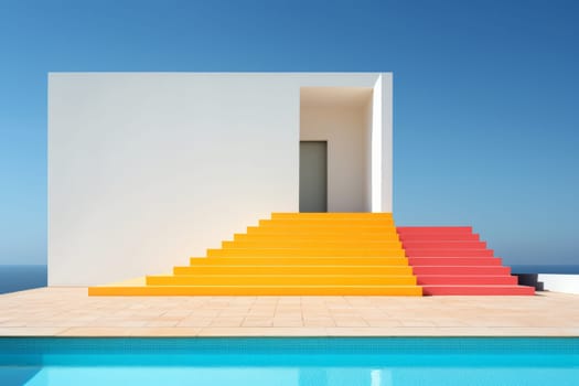 Pool with steps leading up to a white building. Generative AI