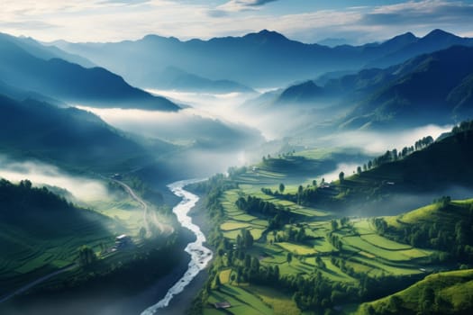 Misty Morning in Mountain Valley. Generative AI