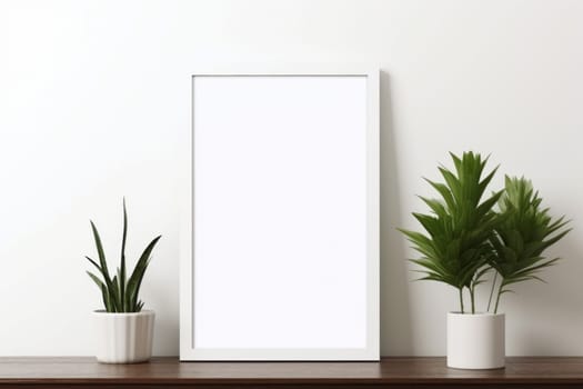 White frame on a wooden table. Generative AI