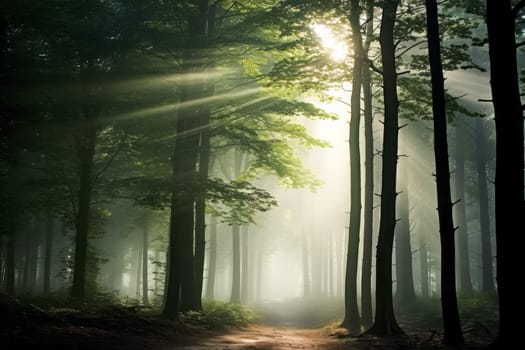 Misty morning forest scene. Generative AI