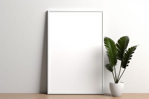 Plant in a white vase next to a white wall. Generative AI