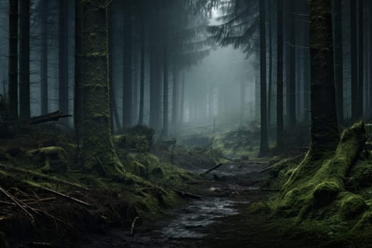 Misty forest landscape evoking a sense of mystery. Generative AI