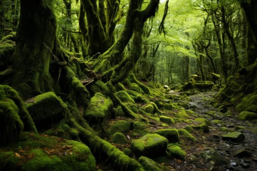 Mossy Forest Floor in Green and Earthy Hues. Generative AI