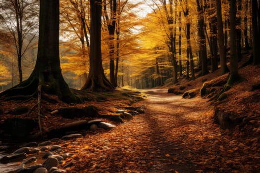 Peaceful Autumn Forest Landscape Background. Generative AI