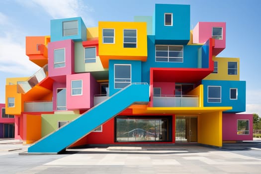 A colorful building with a slide in front of it. Generative AI